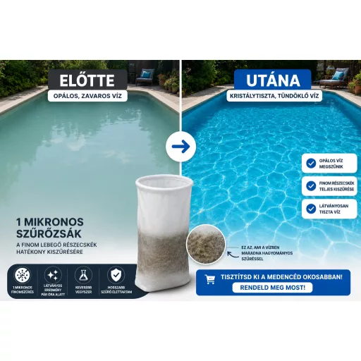 Opálos medencevíz tisztítása 1 mikronos medence szűrőzsákkal – előtte utána