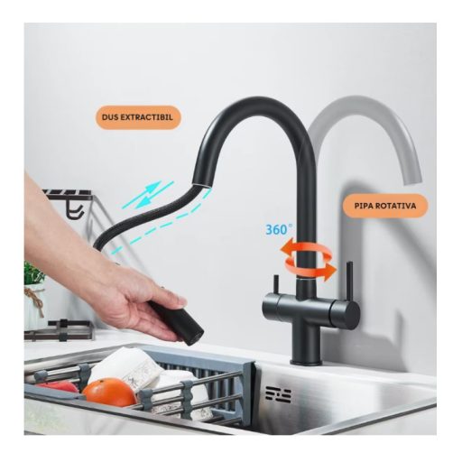 3 utas csaptelep, kihúzható zuhanyfejjel víztisztítóhoz matt fekete