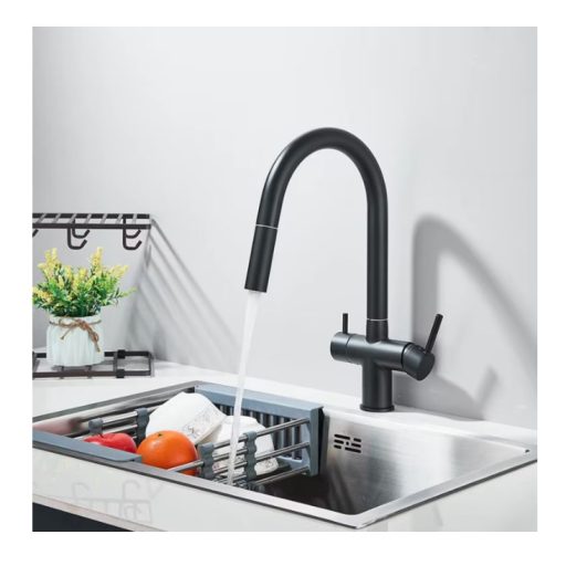 3 utas csaptelep, kihúzható zuhanyfejjel víztisztítóhoz matt fekete