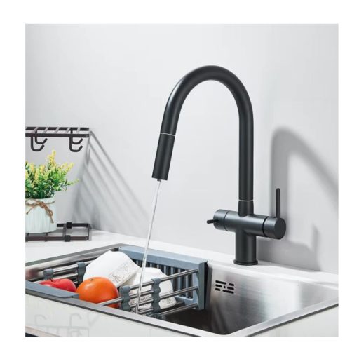 3 utas csaptelep, kihúzható zuhanyfejjel víztisztítóhoz matt fekete