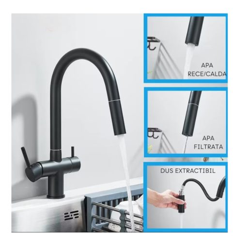 3 utas csaptelep, kihúzható zuhanyfejjel víztisztítóhoz matt fekete