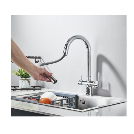 3 utas csaptelep, kihúzható zuhanyfejjel víztisztítóhoz króm