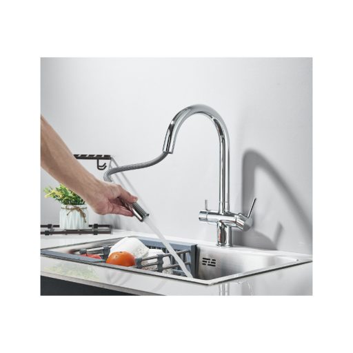 3 utas csaptelep, kihúzható zuhanyfejjel víztisztítóhoz króm