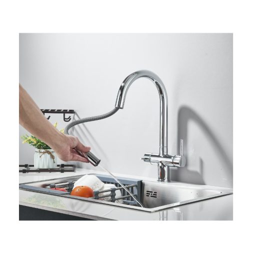 3 utas csaptelep, kihúzható zuhanyfejjel víztisztítóhoz króm